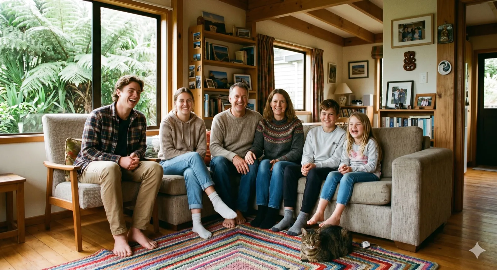 Cozy family portrait in a living room with a cat