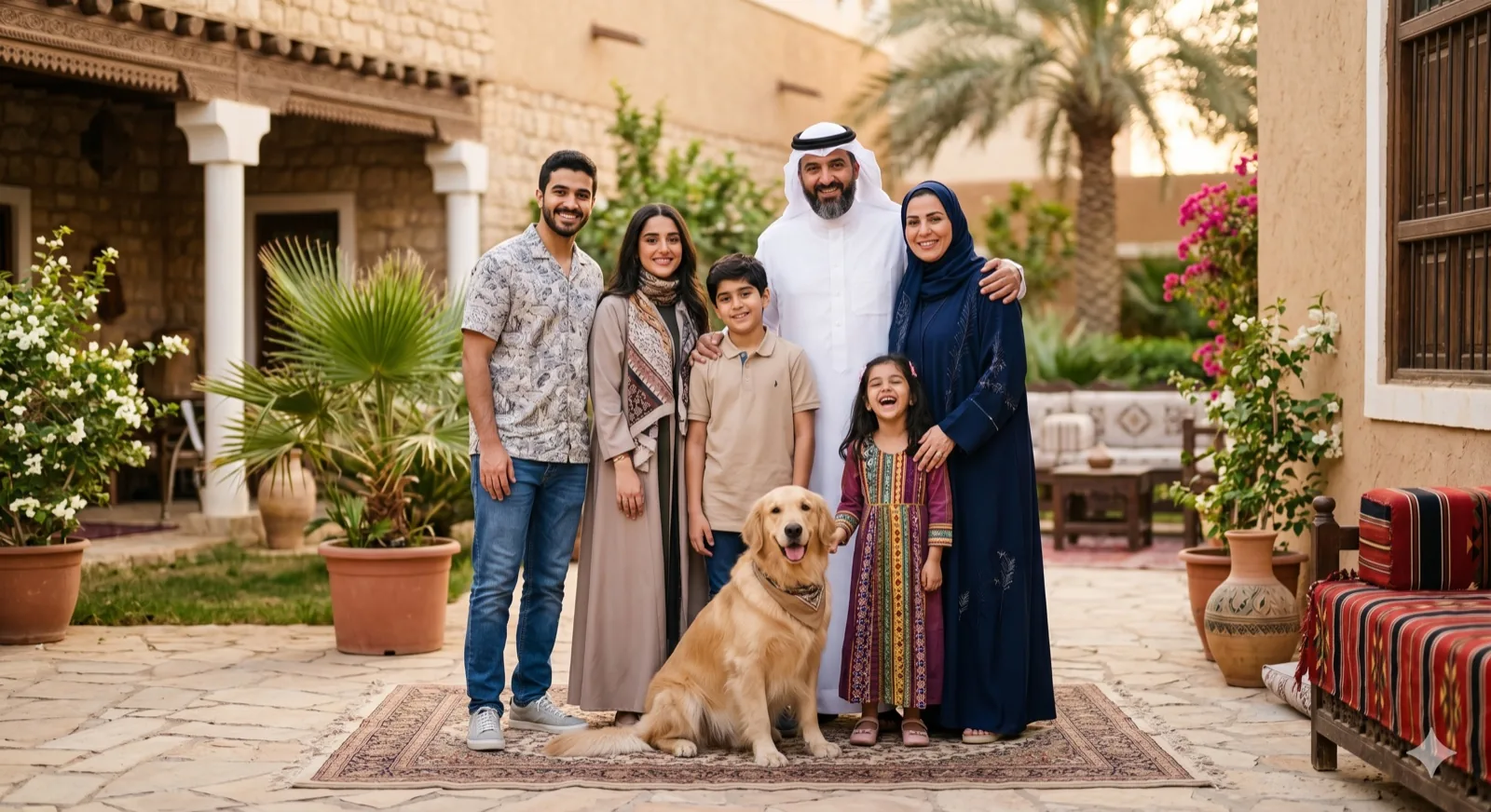 Family portrait in desert light with a dog included naturally
