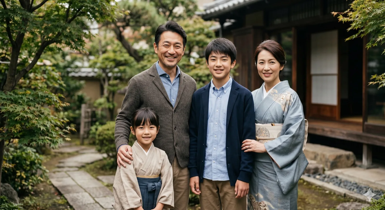 Family portrait in a garden setting with balanced composition