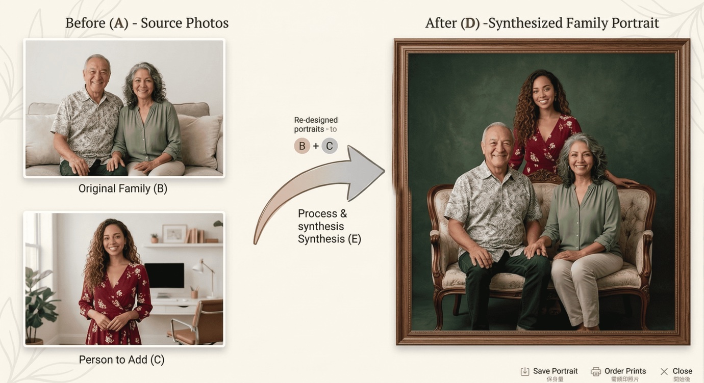 Combine separate family photos into one shared portrait