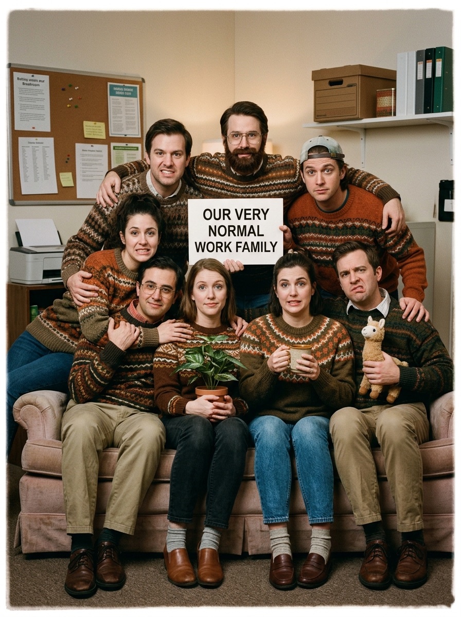 Awkward family photo idea for an office family parody