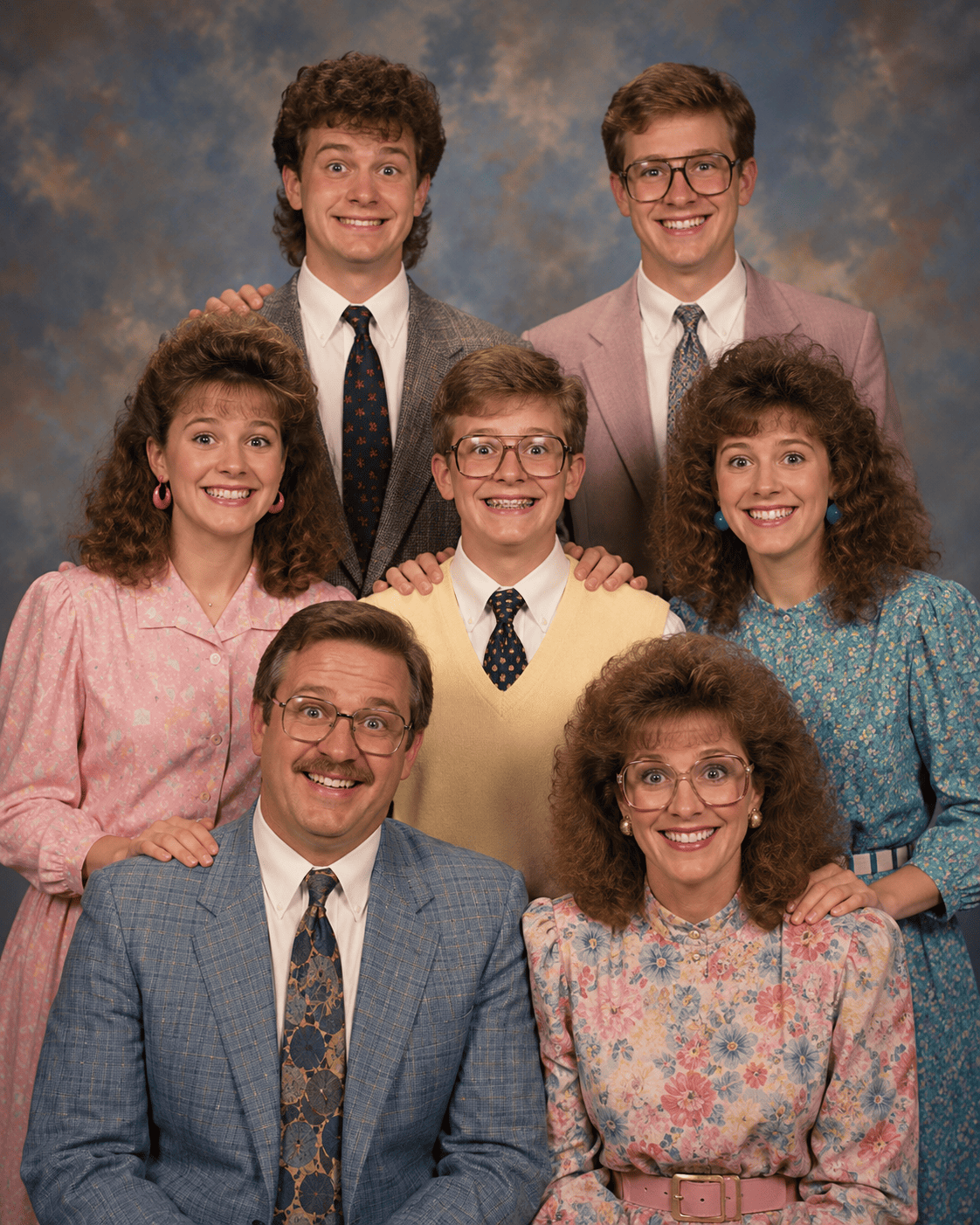 Awkward family photo pose idea with an 80s studio look